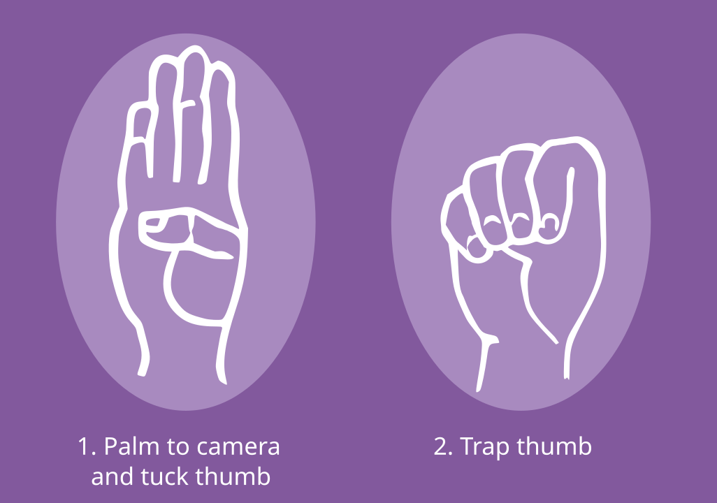 graphic showing how to signal for help, first hand with palm outward all fingers up except thumb folded across palm, then move fingers down into palm grasping thumb
