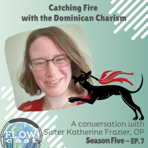 FLOWcast logo plus woman with brown hair and glasses and an image of a dog holding a torch FLOWcast logo plus woman with brown hair and glasses and an image of a dog holding a torch