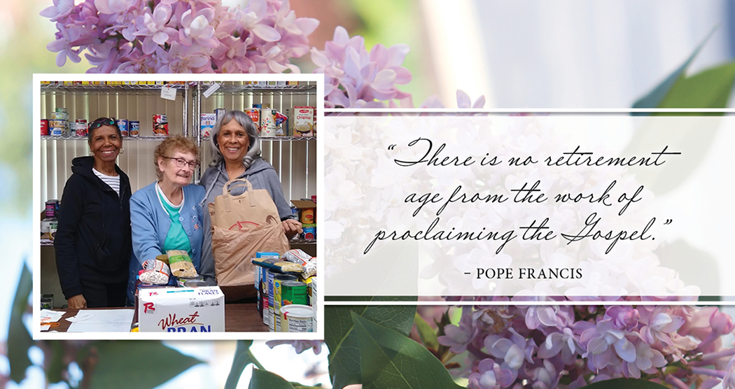 image of Sister with two other volunteers at a foodbank and a quote from Pope Francis against a background of lilacs